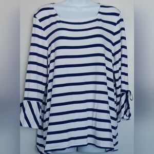 Chico's Navy and White Striped Bell Sleeve Women's Square Kneck Top Sz 3 (L)